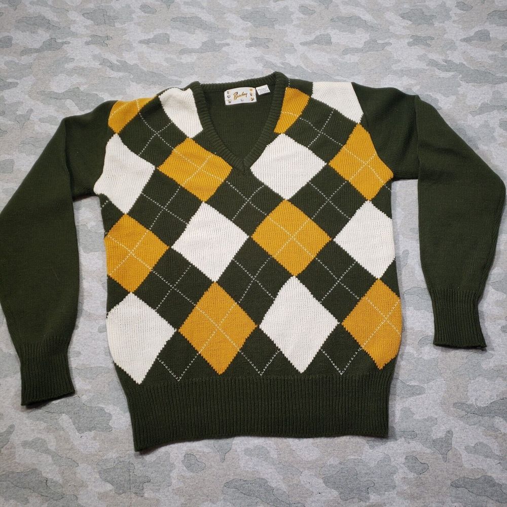 Vintage Barclay Sweater‎ Mens Large Green Argyle Print V Neck Preppy